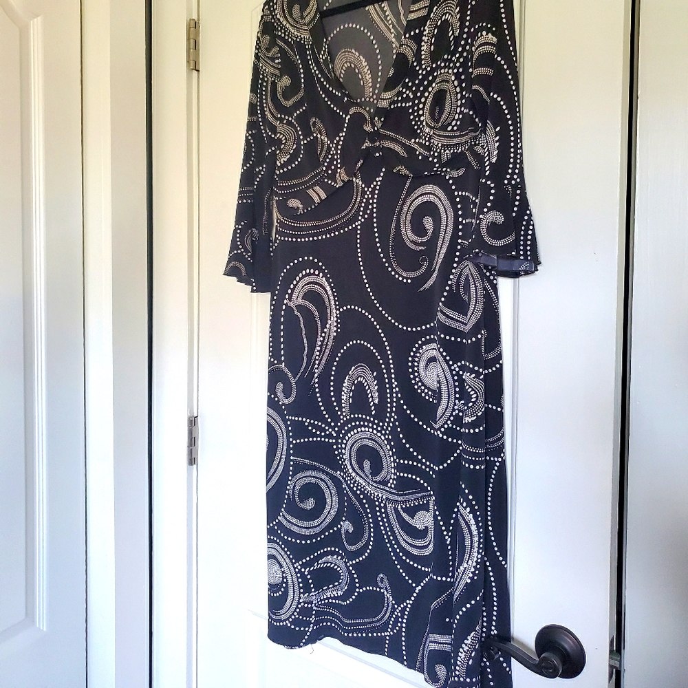 Black and white bell sleeve tea length dress